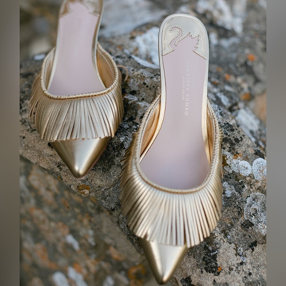 ANTONIO MELANI Gold Pointed Fringe Mules